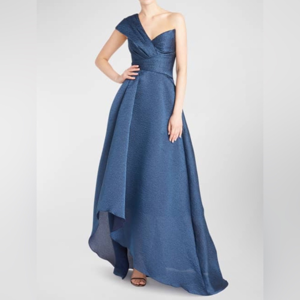 Theia Edith One-Shoulder High-Low Jacquard Gown - Picture 4 of 17
